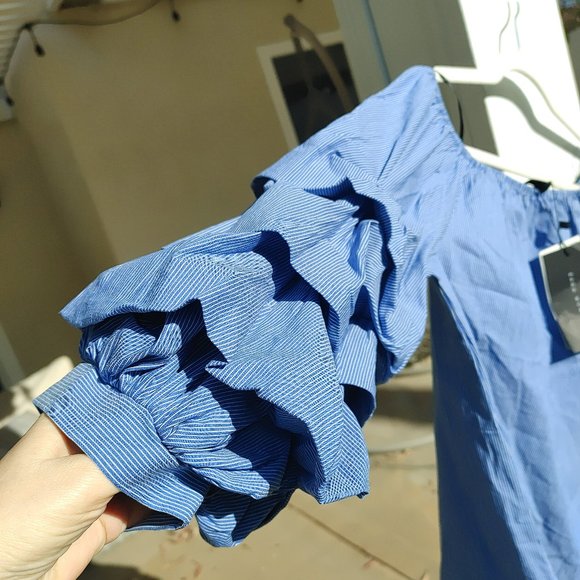 NWT ZARA Off Shoulder Cotton Blend Layered Ruffle Bubble Sleeve Blouse Top. M - Picture 4 of 7